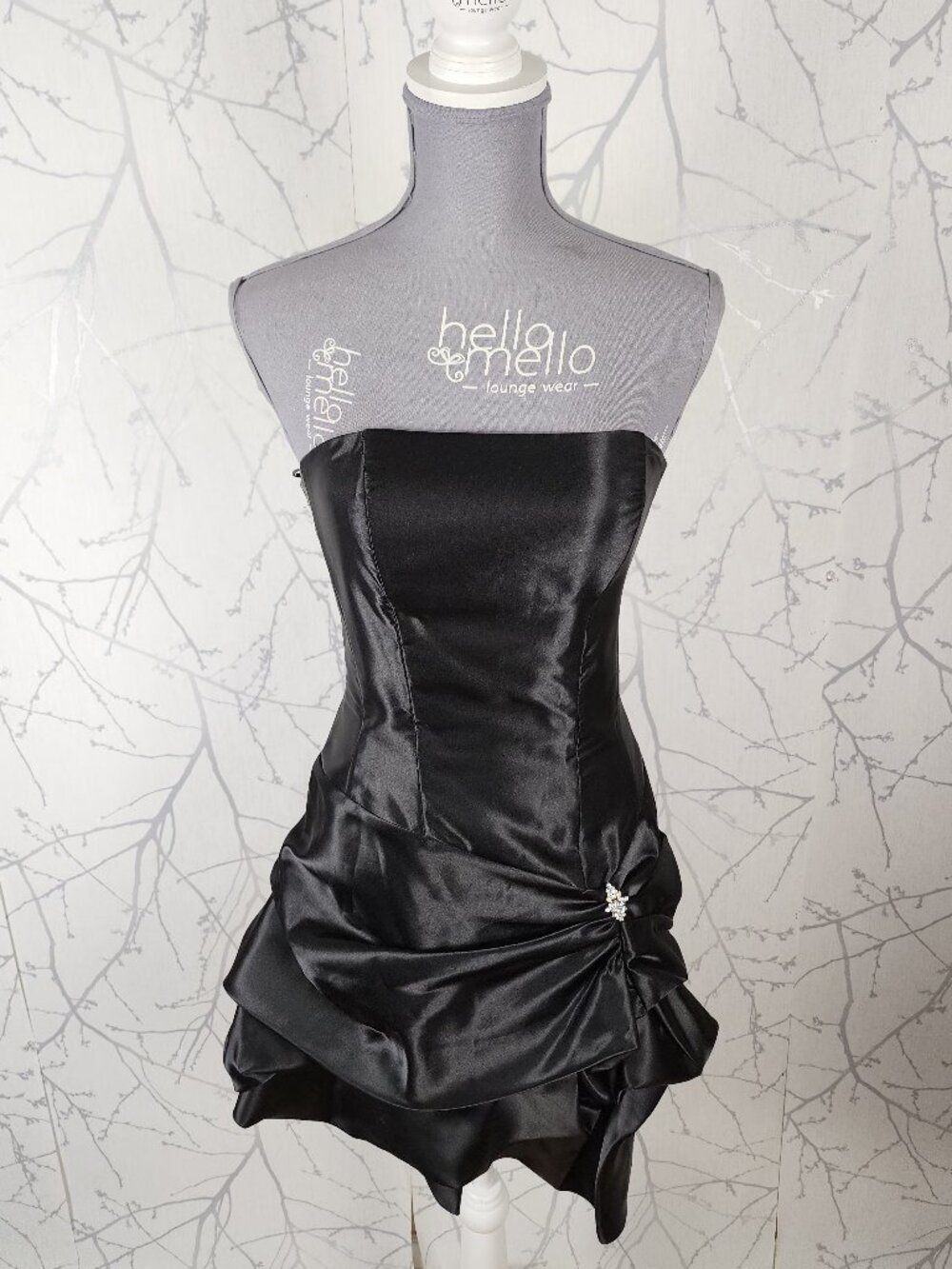 Gunne Sax VTG Black Satin Ruched Bubble Hem Strapless Mini Dress